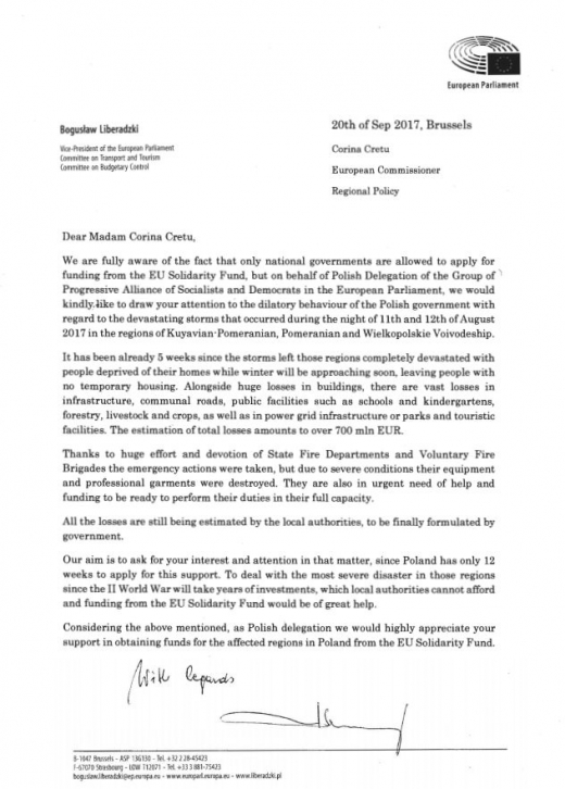 Prośba o szczególną troskę komisarz ds. polityki regionalnej dla poszkodowanych w nawałnicach